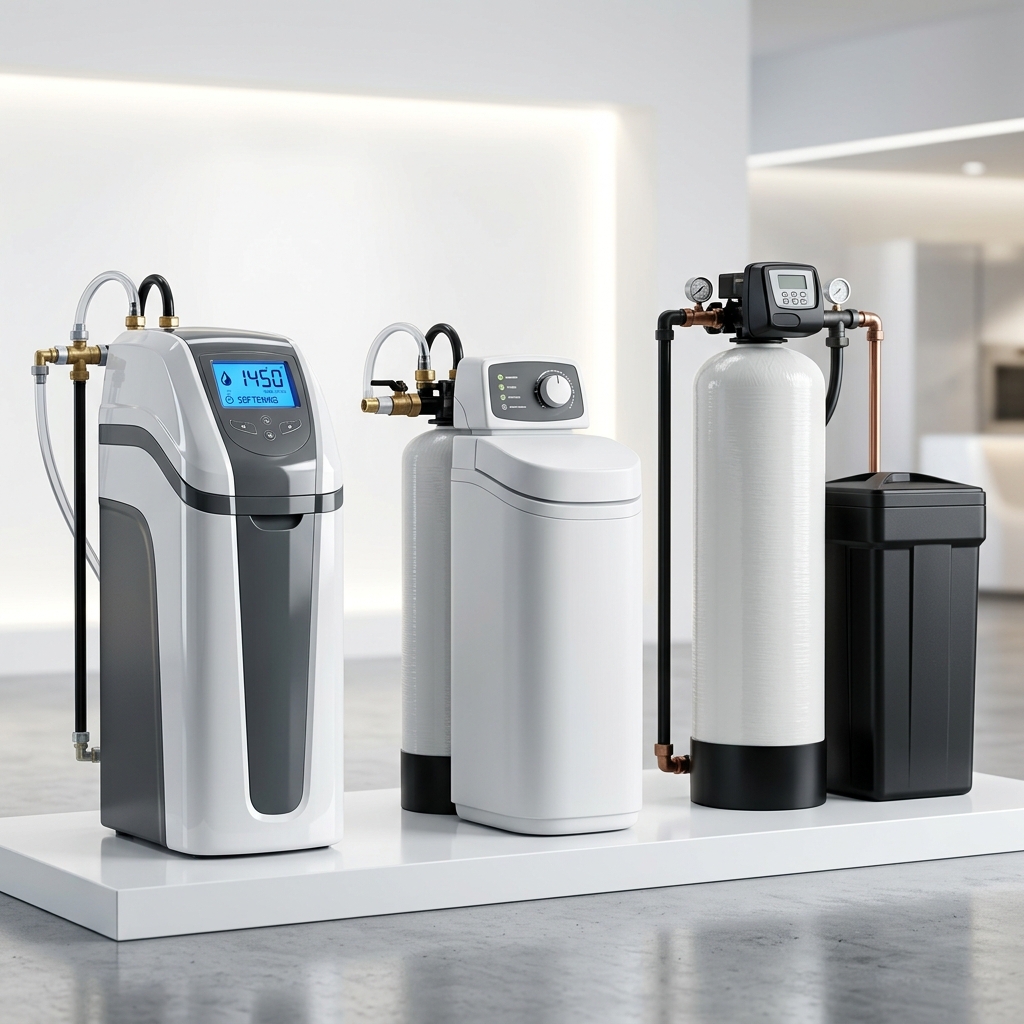 Trois modèles d'adoucisseurs d'eau côte à côte en showroom