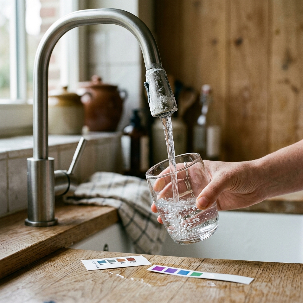 Test de dureté de l'eau du robinet en cuisine belge avec bandelettes de mesure