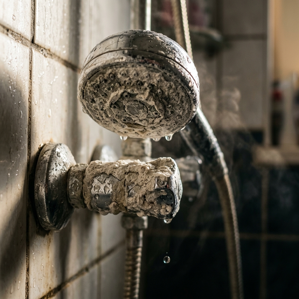 Dépôts de calcaire épais sur un pommeau de douche chromé