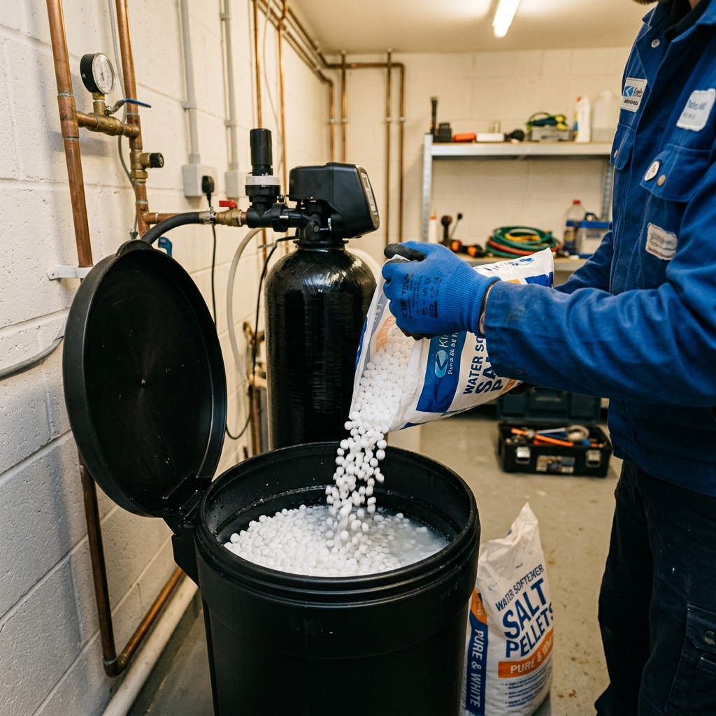 Technicien versant du sel en pastilles dans un adoucisseur d'eau